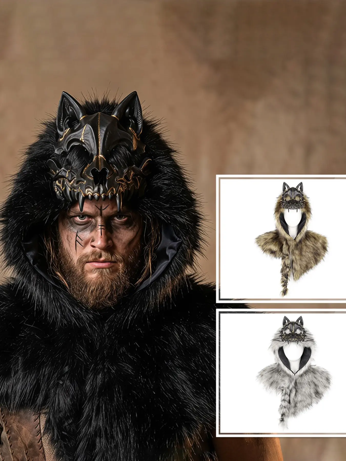 Halloween Party Costume, Medieval Viking Theme Cosplay, Fake Wolf Skin Head Bone Cape, Performance Wear, Halloween Props, Event Accessories