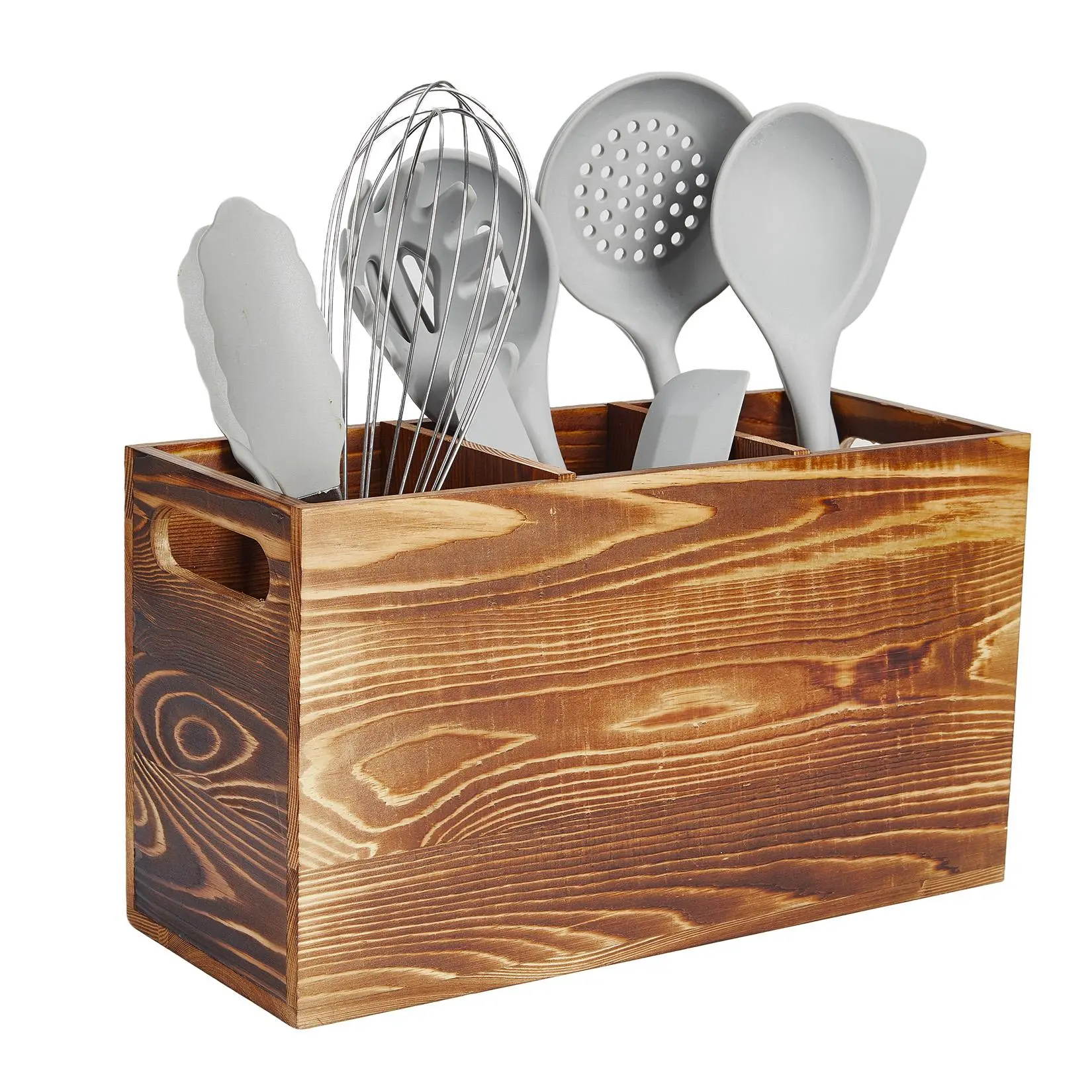 Wooden Kitchen Utensil Holder for Countertop, 3 Compartment Large Utensil Organizer with Handle, Pine Wood Cooking Utensil Caddy for Spoon Spatula Silverware, Rustic Farmhouse Kitchen Storage Box
