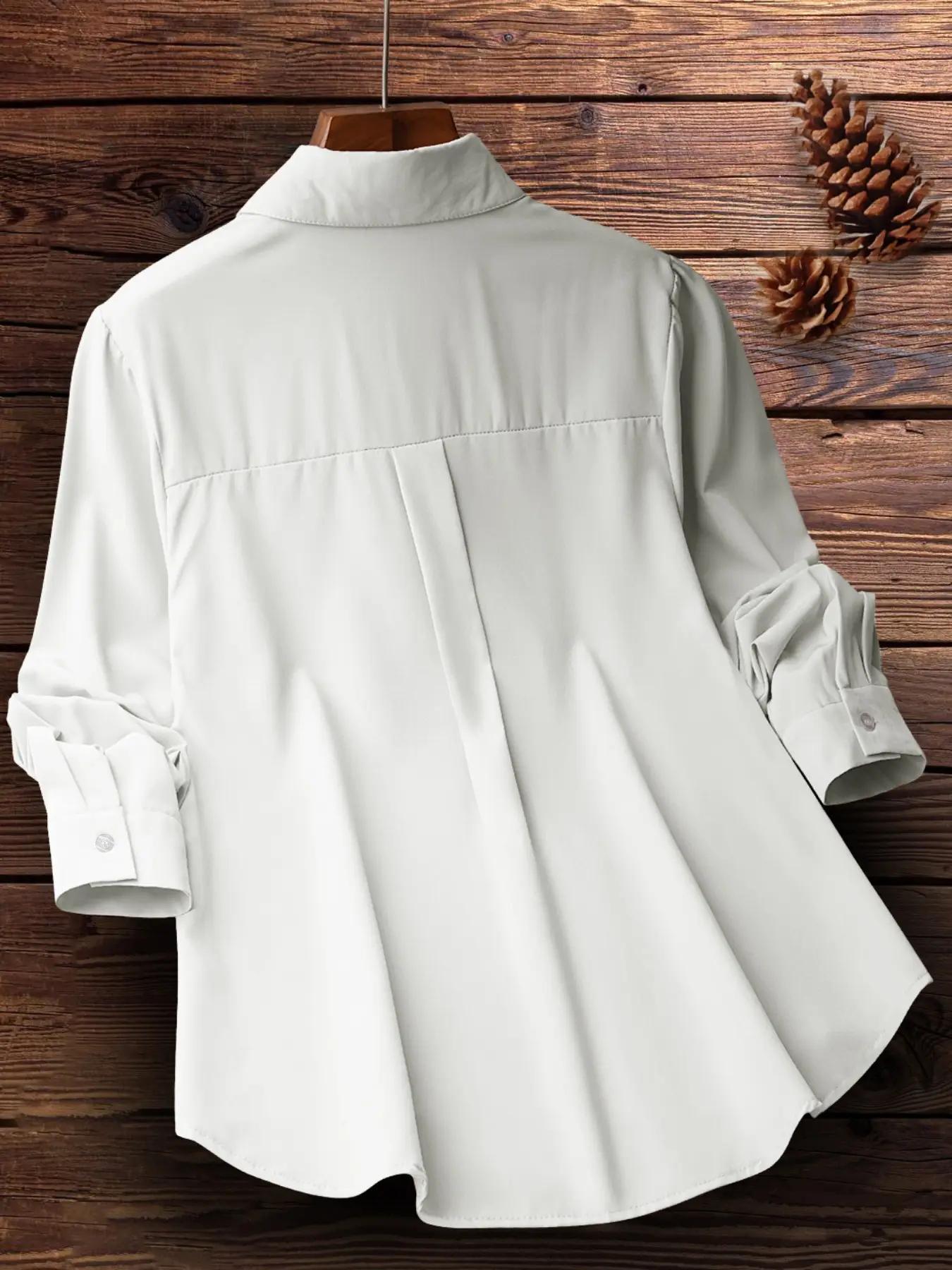 Women's Floral Embroidery Plicated Button Front Shirt, Fashion Casual Long Sleeve Collared Top for Daily Outdoor Wear, Ladies Clothes for Spring, Womenswear