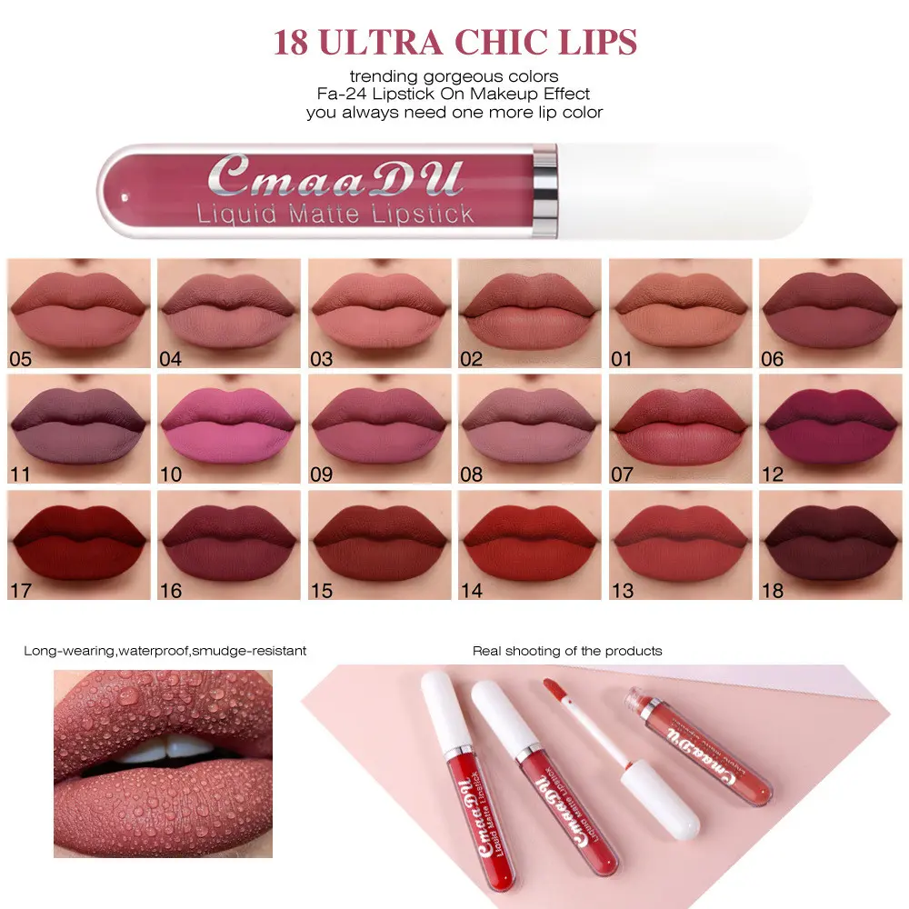1pc CmaaDU Liquid Matte Lipstick, 18 optional shades ranging from nude beige to retro red brown, soft velvety matte texture, smooth application with even color laydown, natural foggy lip finish, fit for office commute,casual daily looks and student makeup