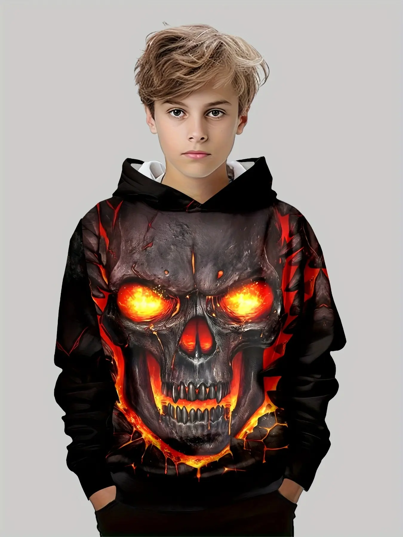 Boys' Flame Skull Graphic Hoodie, Long Sleeve Loose-Fit Sweatshirt, Trendy Casual Wear, Spring & Fall New Arrival, Kids Fashion Apparel