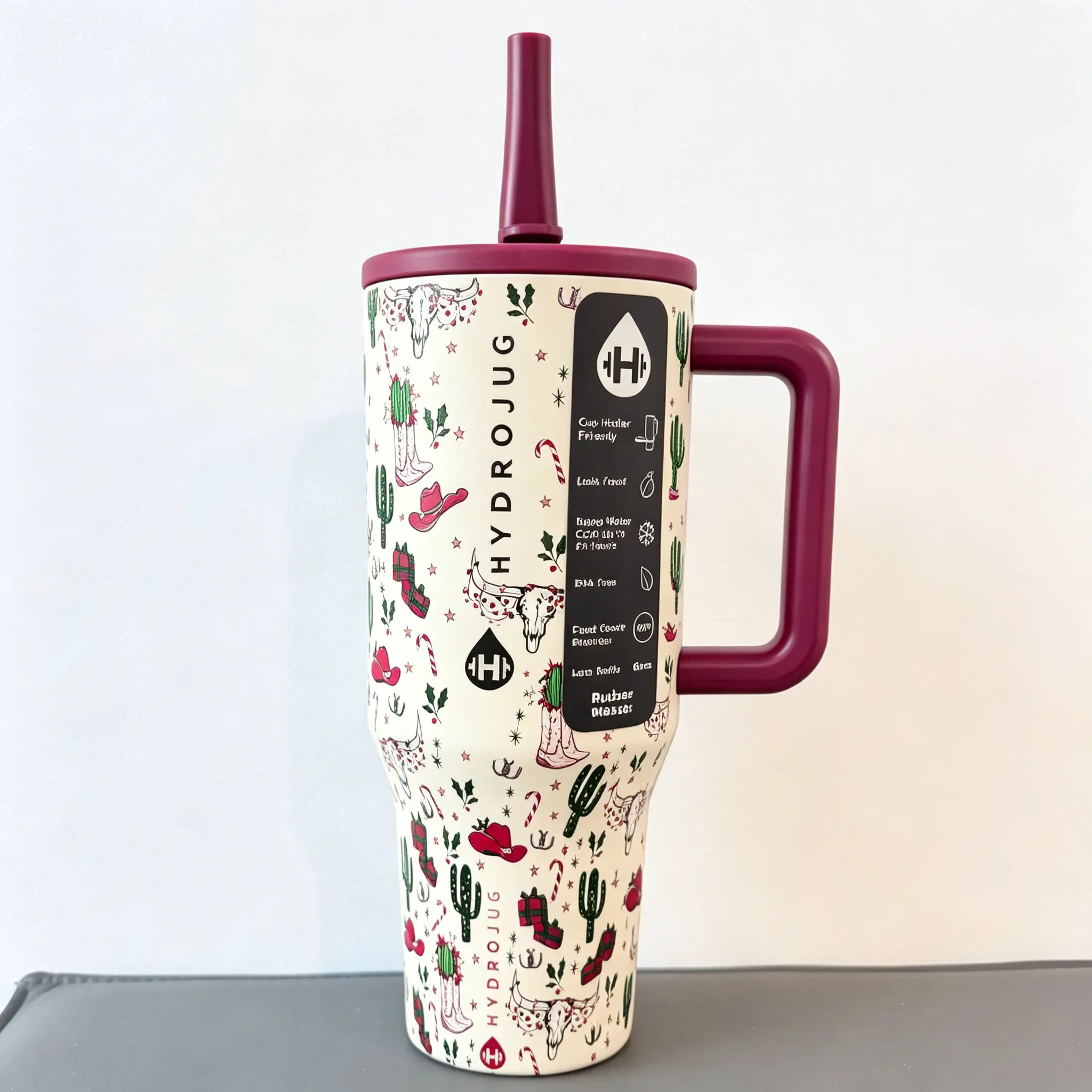 HydroJug 40oz Insulated Stainless Steel Wide Mouth Flask - 18/8 Food Grade, Reusable Water Bottle, Burgundy Handle Lid & Straw, Leak Proof Twist Lid, 24hr Cold Retention, Cup Holder Friendly, Non-Slip Base, BPA Free, Portable Large Hydration Mug for Gym,