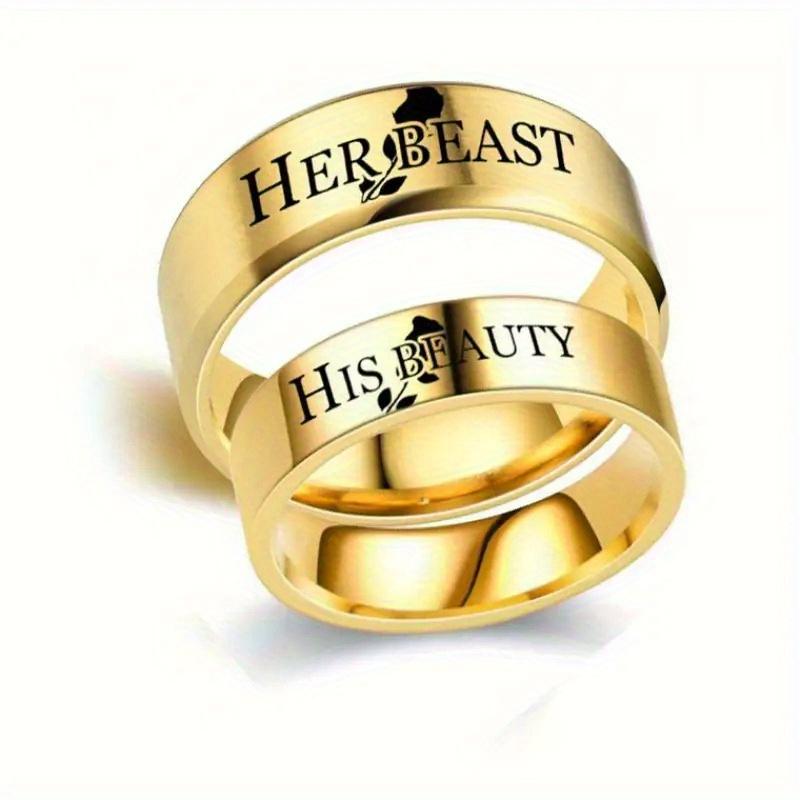 Pair of Beauty and the Beast Couple Rings - Matching Wedding/Anniversary Rings for Him and Her, Elegant Gold Jewelry, Suitable for Couples, Valentine's Day Gift, Daily and Special Occasion Jewelry - Rings Symbolizing His Beauty and Her Beast, Couple Jewel
