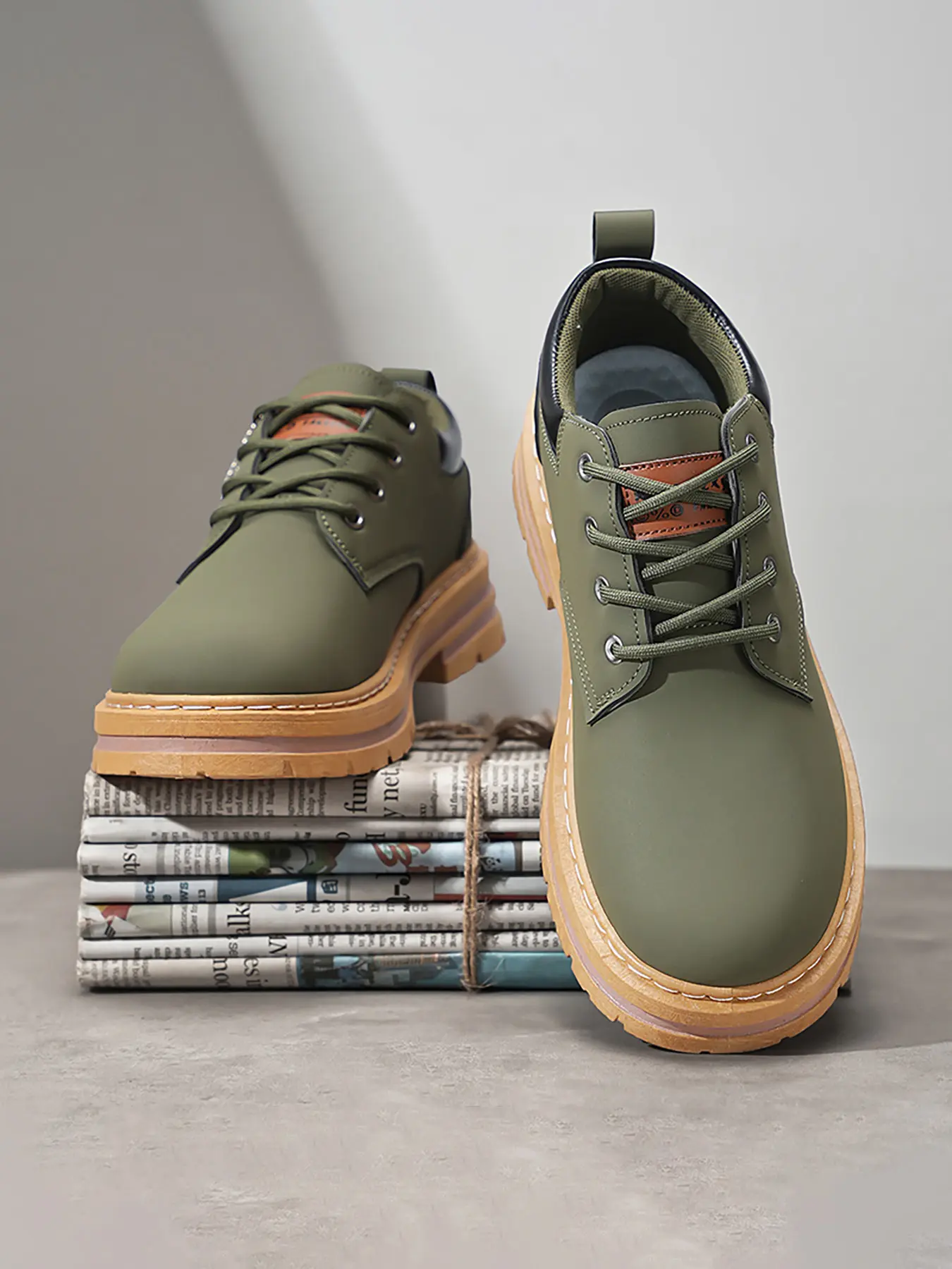Men's Low Top Lace-Up Shoes, Mustard Faux Leather, PVC Sole, Cushioned Lining, All-Season Casual & Formal Wear, Comfortable Daily Use