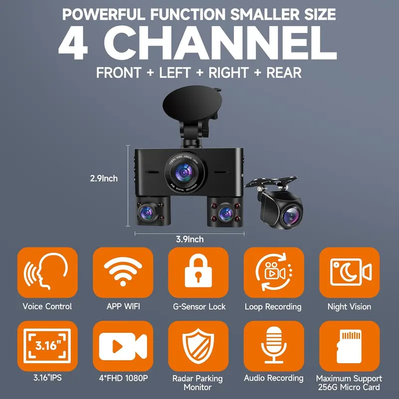 4 Channel Dash Cam - Front, Rear & Inside Recording, 2K+1080P, Voice Control, Night Vision, 64GB Card Included