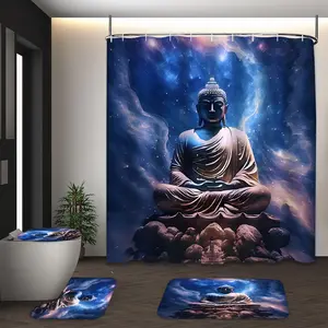 LVRLVR 4Pcs Meditating Buddha Galaxy Nebula Star Spiritual Zen Cosmic Modern Abstract Art Style Deep Blue Brown Tone Shower Curtain Set 70.8×70.8 Inch