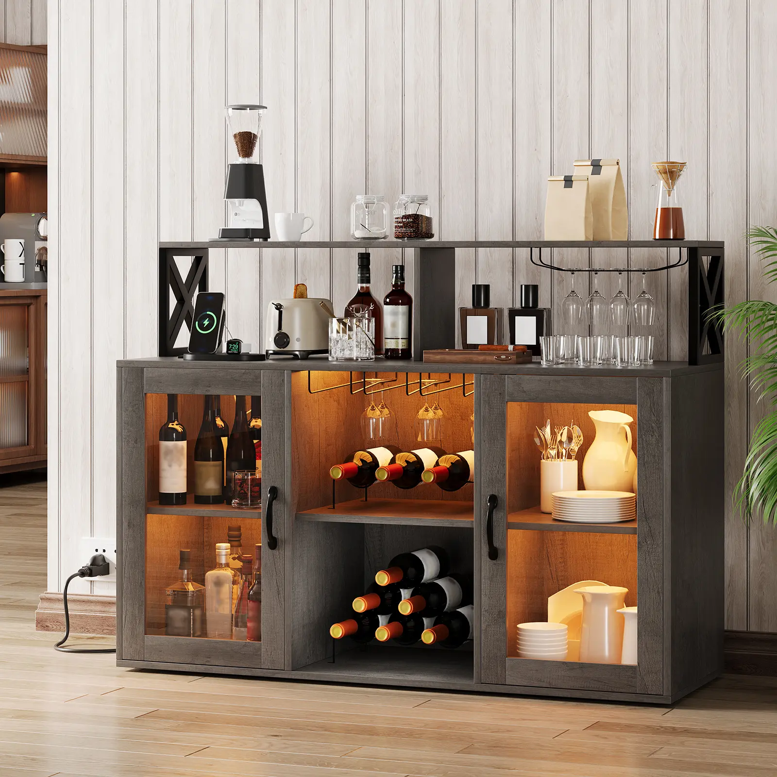 Freestanding LED Wine Liquor Cabinet, Farmhouse Style Bar Storage Sideboard Equipped with Glass Holder and Power Outlets, Large Capacity Beverage Cabinet for Living Room and Kitchen, Multiple Color Options