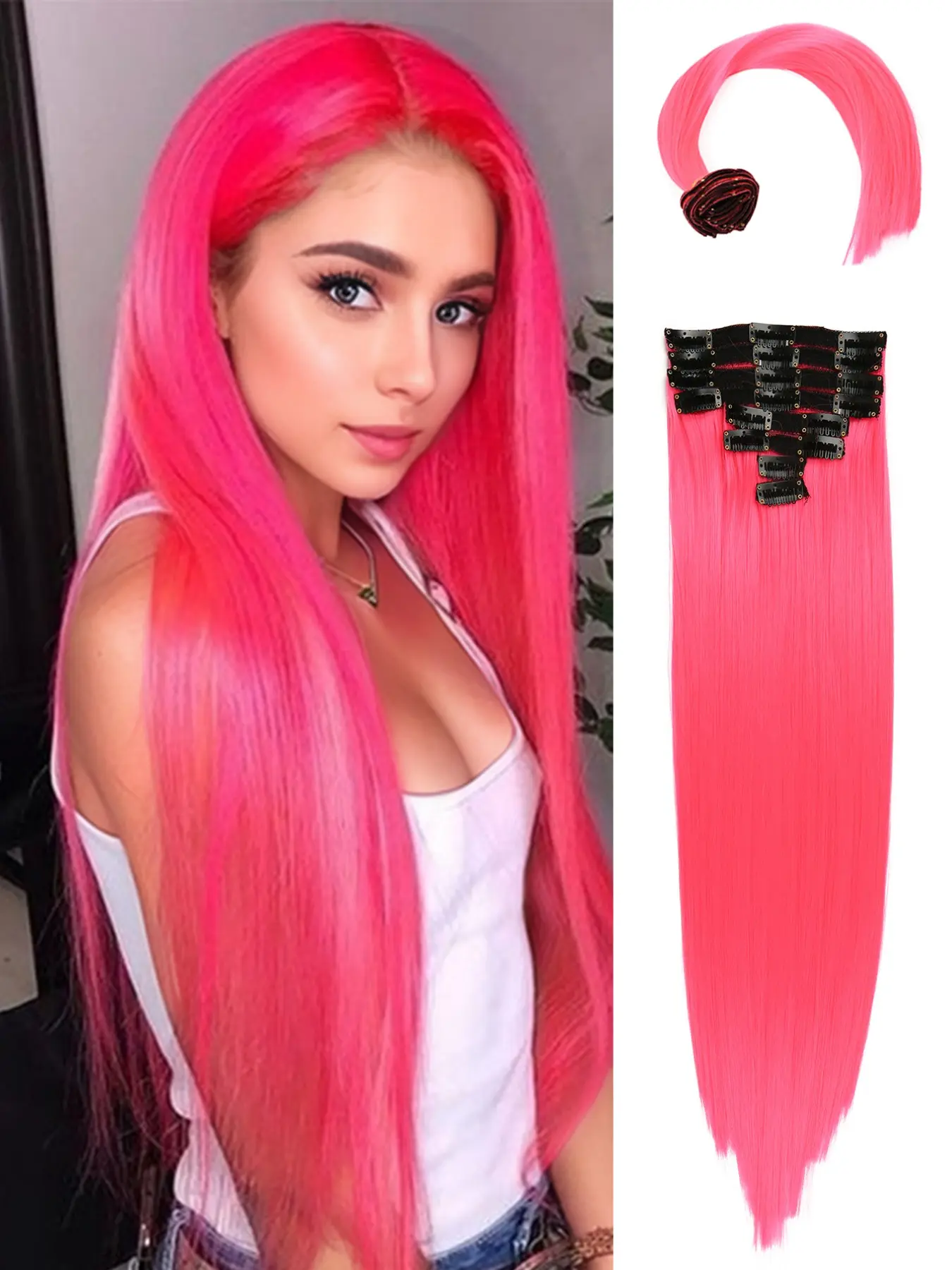 8PCS Clip in Hair Extensions Rose Pink Color Hair 20 Inch Long Straight Synthetic Hair Extensions For Women Used Daily Party Cosplay And Carnival Festival Straight Synthetic Hairpieces Artificial Hair Extension