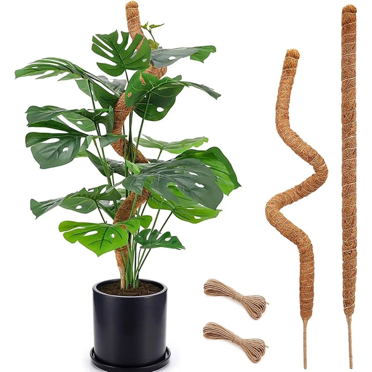 2-Pack 28" Bendable Moss Pole for Monstera, Rust-Free Aluminum Core Plant Support Stakes, Sturdy Stakes to Train & Grow Indoor Climbing Plants Upright (13.2ft Jute Rope Included)