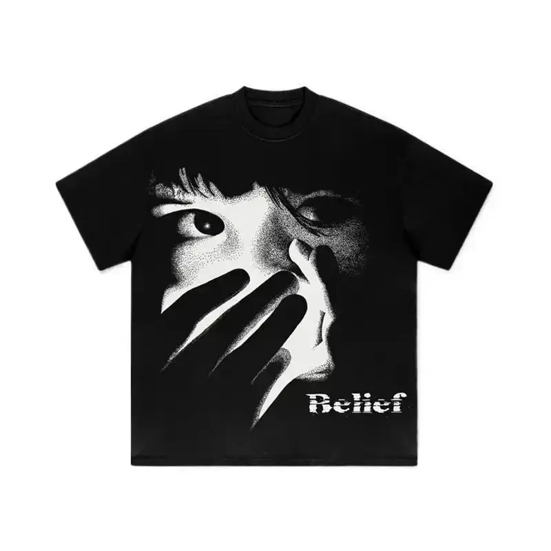 Men's Y2K Bold Portrait Graphic Tee - Soft Comfortable Crew Neck Short Sleeve, Black Retro Streetwear Top