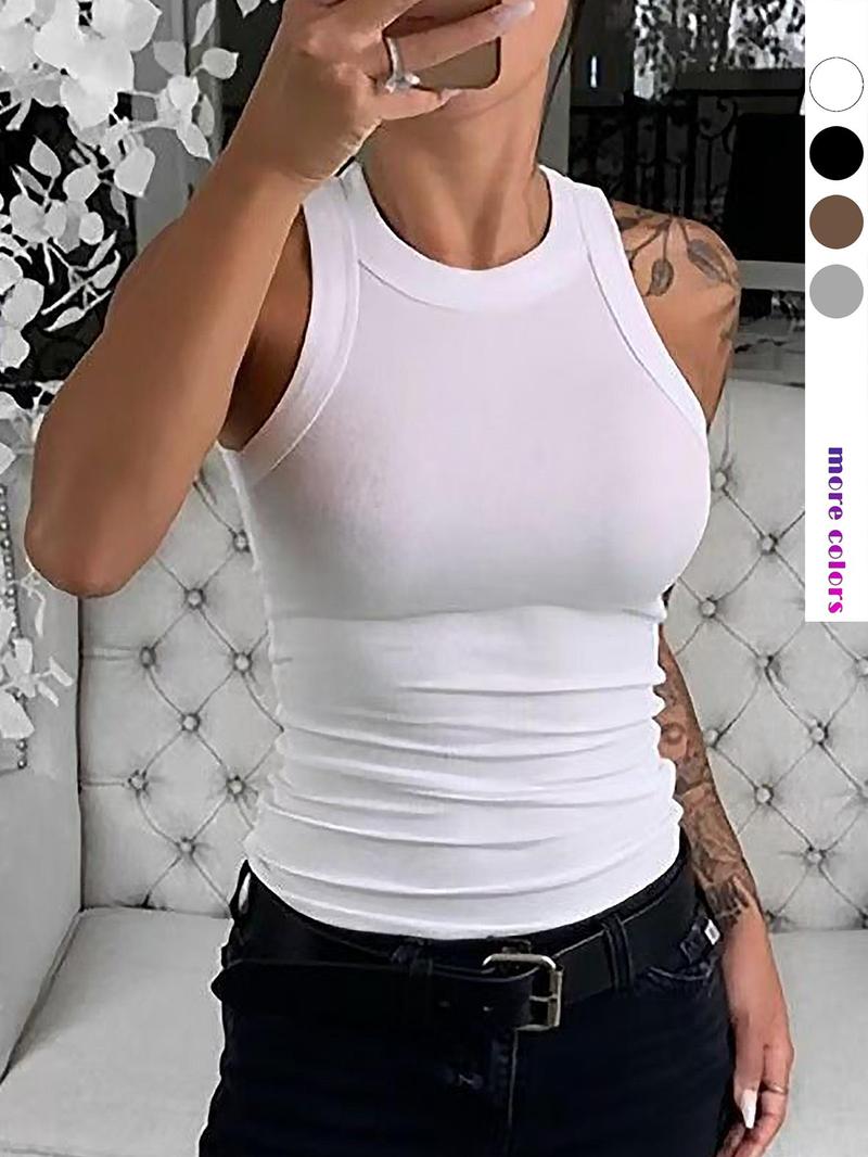 Women's Solid Ribbed Tank Top, Casual Sleeveless Round Neck Top for Daily Wear, Ladies Clothes for All Seasons, Casual Comfy Vest