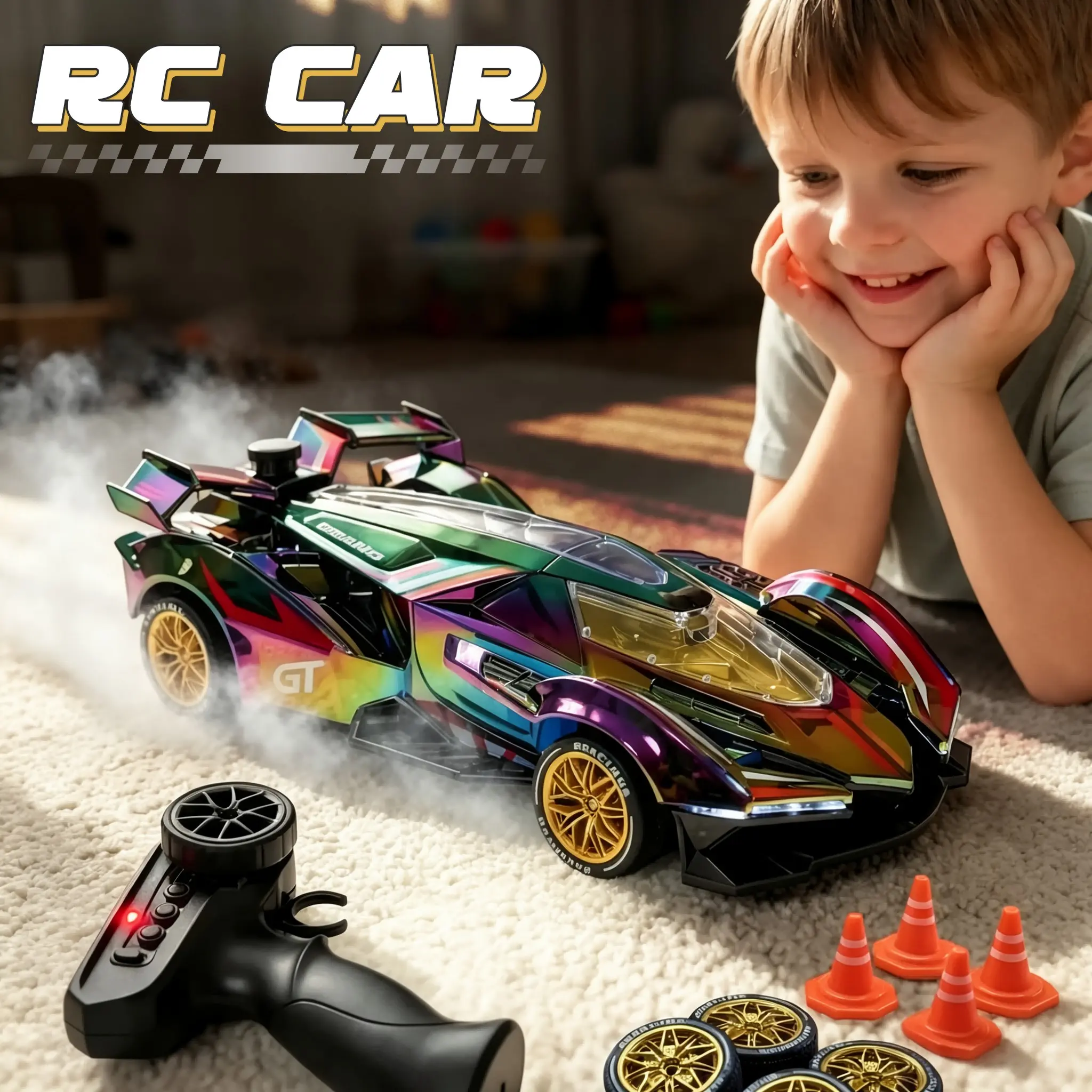 Remote Control Drift Car, 2.4GHz Four-Wheel Spray Racing Car, High-Speed RC Sports Toy with LED Lights, Perfect Gift for Adults and Kids