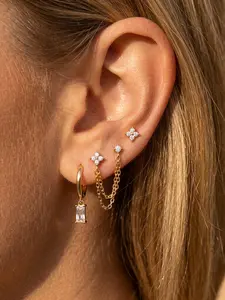 3Pcs Gold Plated Earrings Set Women Cubic Zirconia Flower Stud Double Chain Drop Earrings Stackable Piercing Jewelry for Party