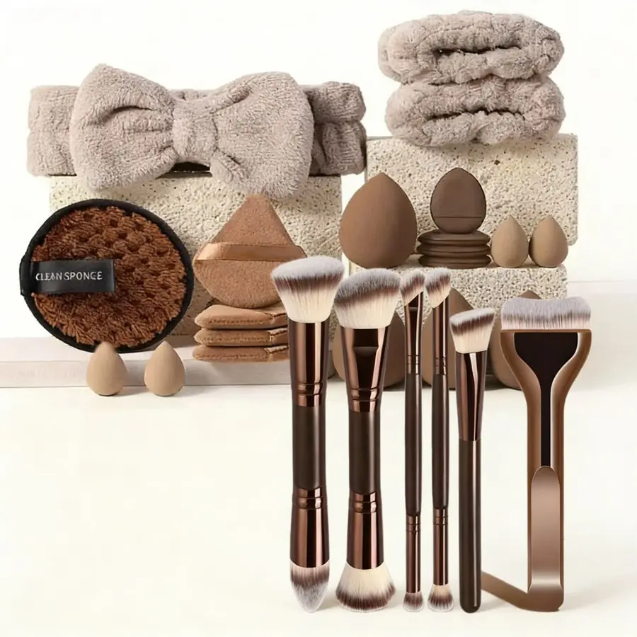 Professional Makeup Brush Set, 5-Piece Dual-Ended Beauty Tools, Includes Makeup Sponge, Soft Vegan Brushes, Travel Gift Set for Women