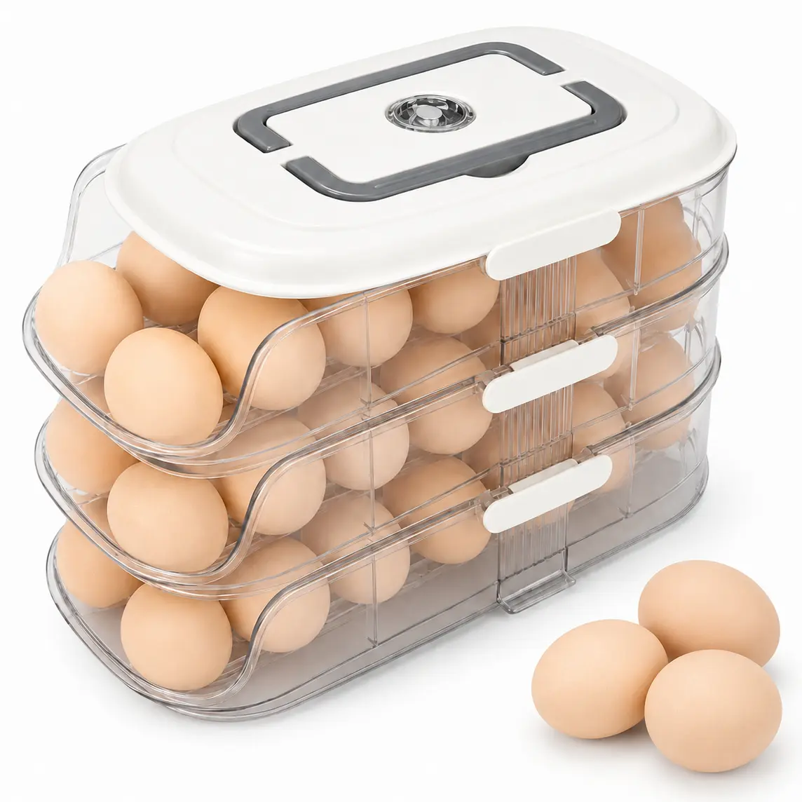 Egg Organizer for Refrigerator, 3-Tier Rolling Dispenser 42 Eggs | Egg Holder for Fridge with Lid, Handle, Timer Tracker, Stackable BPA-Free Countertop Storage, Beige and Brown