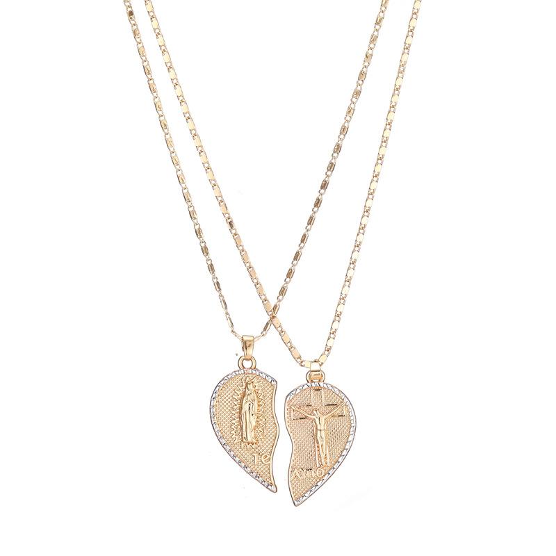 2 Pcs Virgin Mary & Jesus Broken Heart Couple Necklace Set, Gold Plated Religious Matching Jewelry, Hypoallergenic Gift for Couples