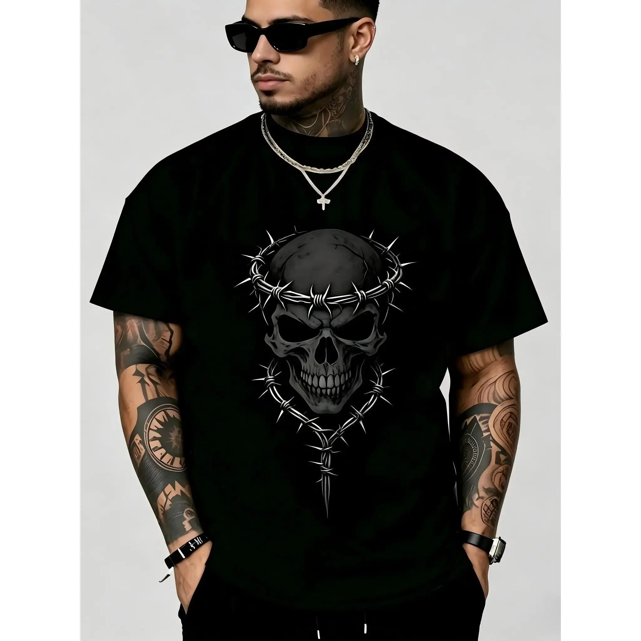 Men's Loose-Fit Flannel Fabric Cotton Casual Sports Top - Short Sleeve, Round Neck, Dark Hardcore Skull Print, Attitude Slogans, Bold Street Wear, Sporty Chic, Soft Breathable, Slight Stretch, Machine Washable, All-Season, Formal Compatible