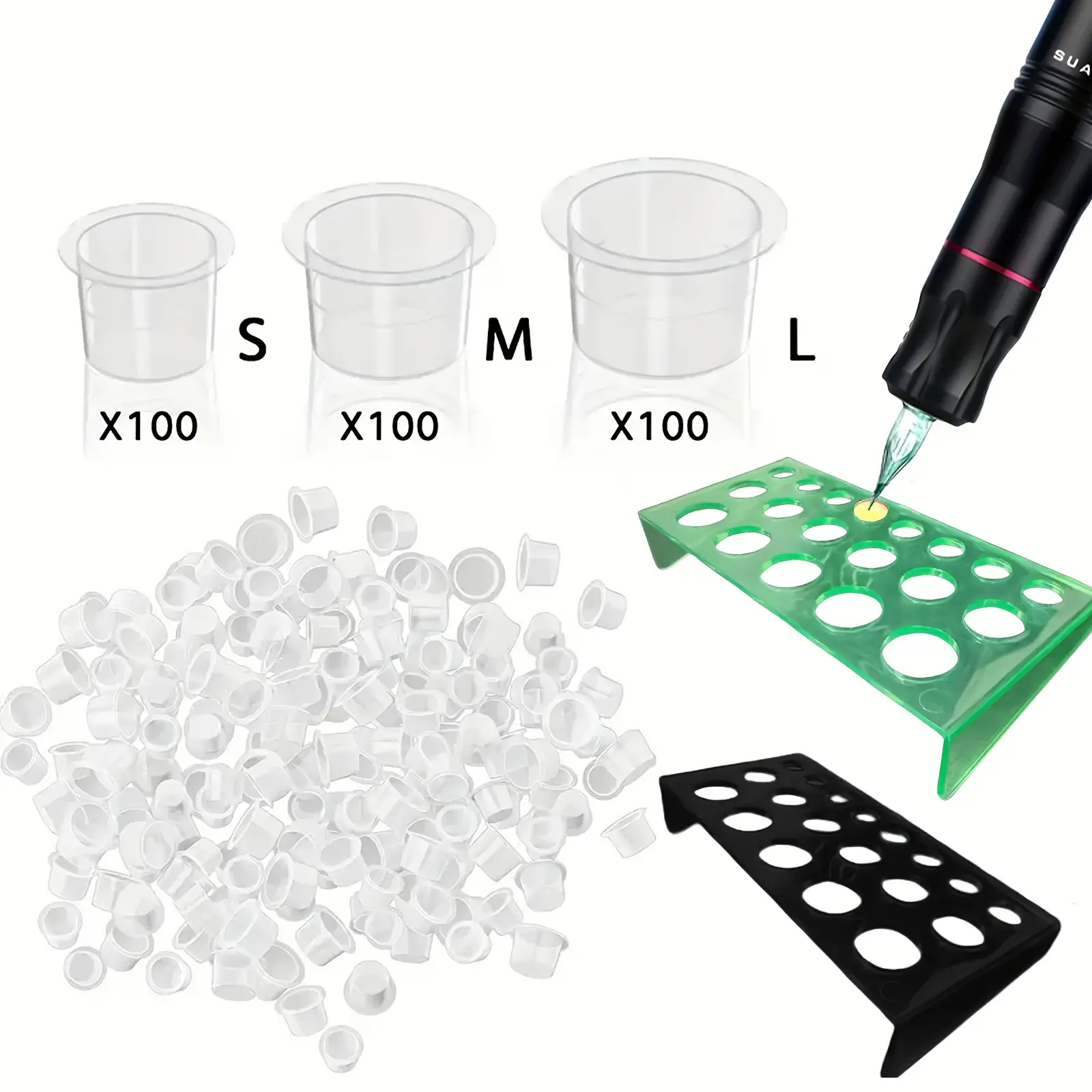 Disposable Sanitary Polyethylene L-100 Ink Cups (Without Base) & Cup Holder Set with Organized Storage, Essential Temporary Tattoo Supplies for Body Art Home Studios, Christmas Gift Option, s, Tattoo Art