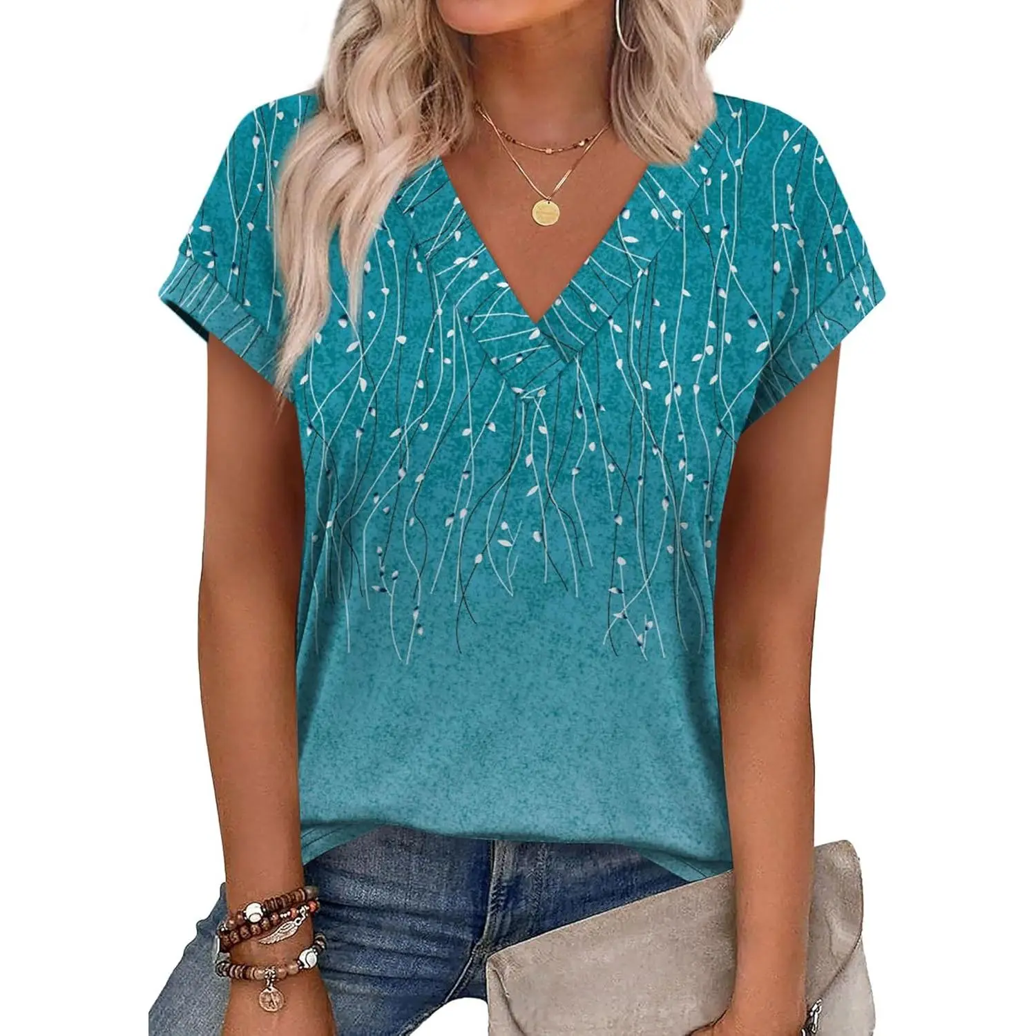 Women's V-Neck Cap Sleeve Top, Cute Casual Blouse in Solid or Floral Print, Comfortable Stretchy Fabric for Work Wear, Chic, Skirts, Blazer, Matching, Fits, Jackets, Pants, Style, Soft, Simple