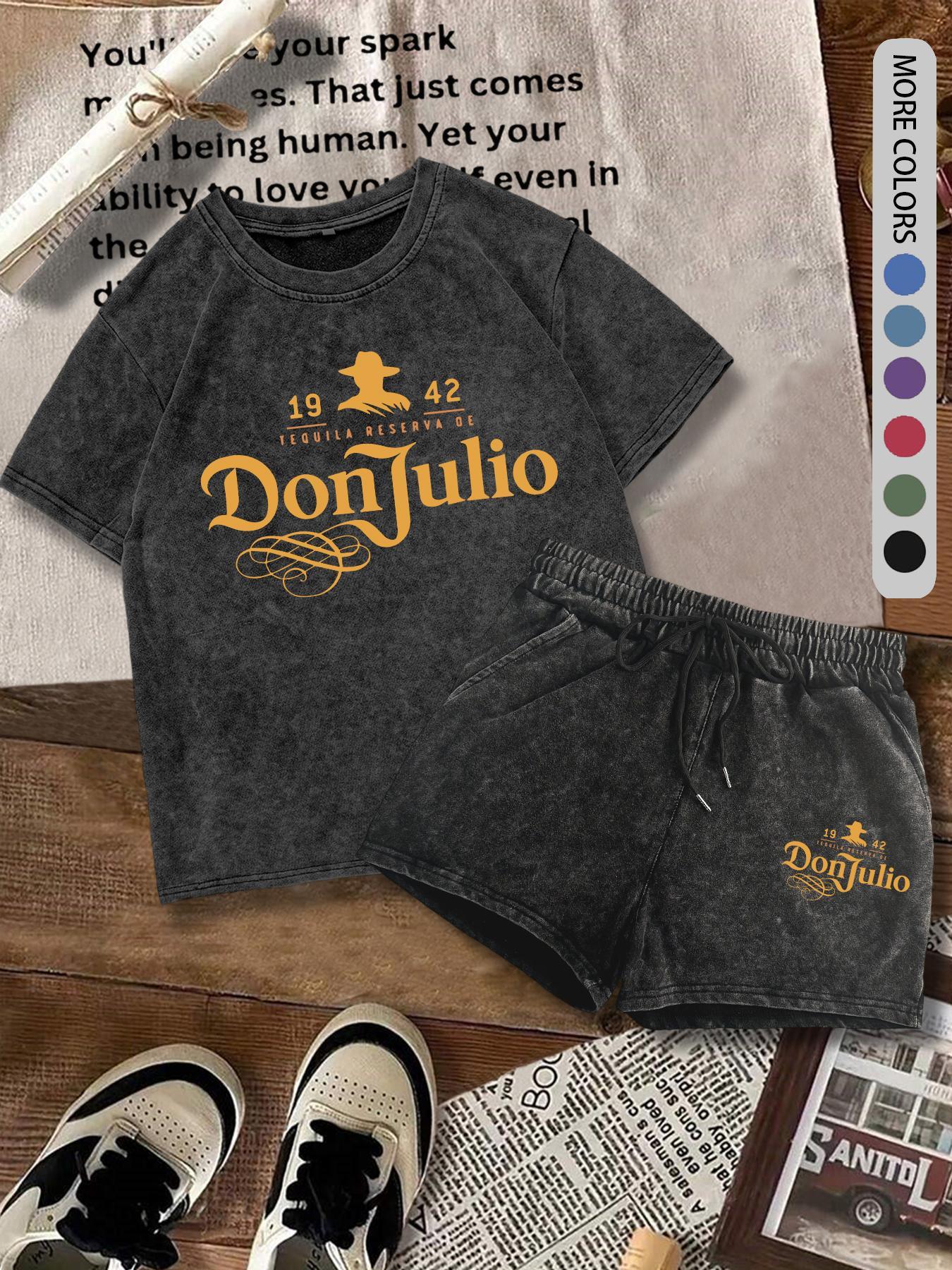 Two-Piece Set Women's Donjulio1942 Letter Print Short Sleeve Tee & Shorts Set, Casual Round Neck T-shirt & Track Shorts, Summer Clothes for Daily Wear, Suits, Lounge Shorts Set