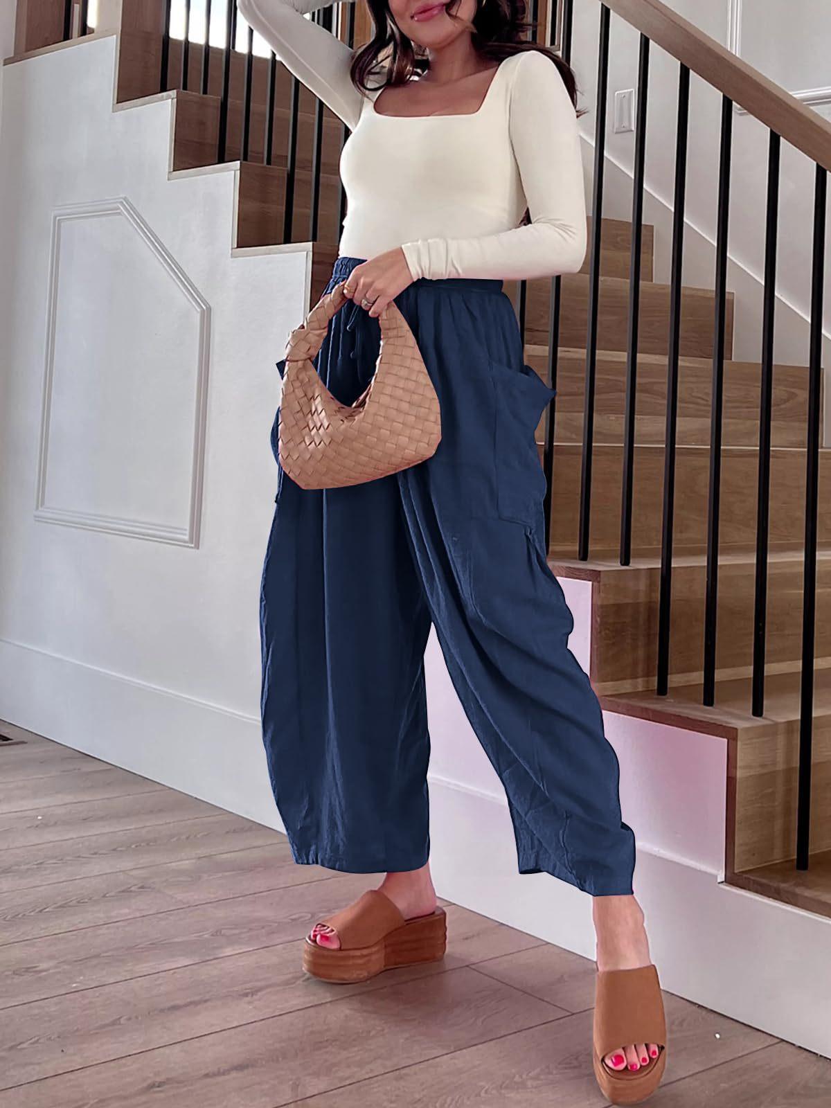 Women's Elastic Waist Pleated High Waist Wide Leg Pants Loose Casual Linen Cotton Long Trousers Breathable Summer Beach Outfit