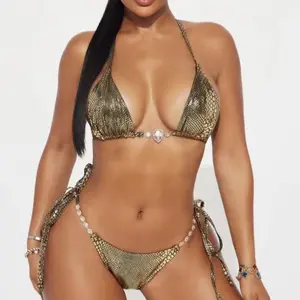 New European and American fashionable and sexy outdoor snake pattern bronzing printing bikini high quality crystal diamond split set tankini swim swimsuit