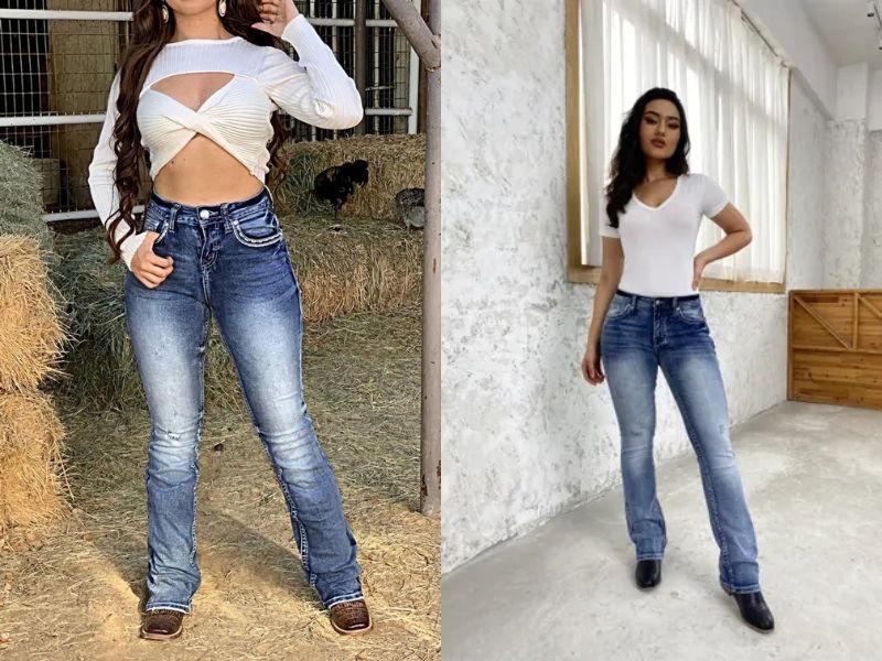 Boot Cut Jeans for Women Trendy Stretch Jeans Butt Lifting Tummy Control Denim Pants Sea Blue