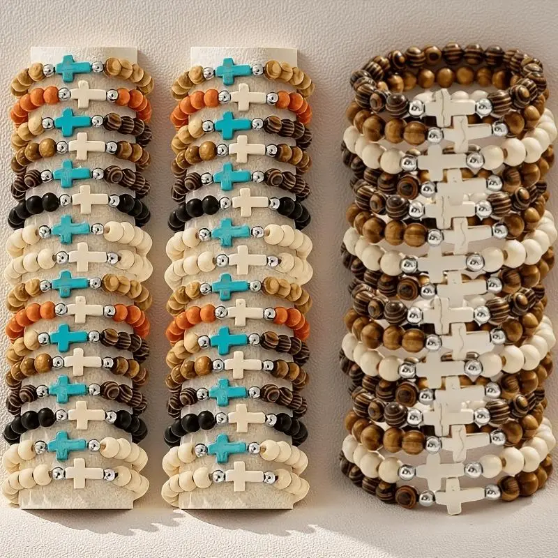 Bohemian Wood Bead Bracelet Set, 48-Piece Colorful Multilayered Bangles with Cross Charms, Unisex Cultural Jewelry Gift, Bracelets, 48-Piece Mix, Bohemian Look, Stacks Set