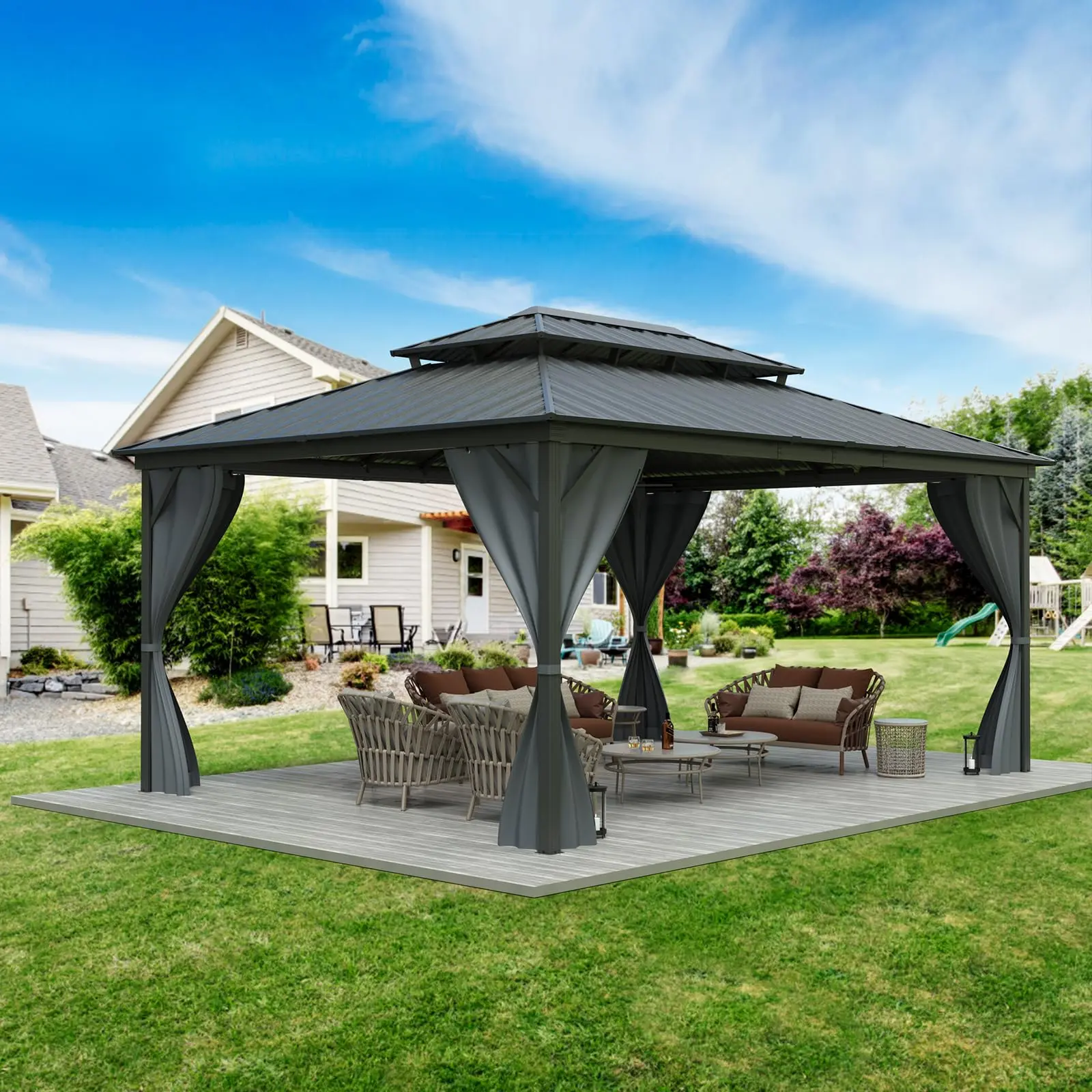 GARVEE12'x16' All-Weather Hardtop Gazebo - Double Metal Roof & Aluminum Frame with Net & Curtain for Patio, Deck & Backyard (Grey)