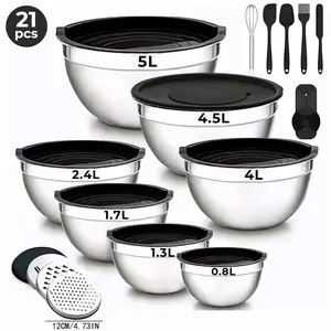 21pcs stainless steel mixing bowls with airtight sealed lids 3in1 grater slicer shredder attachments stackable metal prep bowls food grade rust resistant bowls for baking cake dough kneading salad mixing leftover storage home kitchen daily use catering su