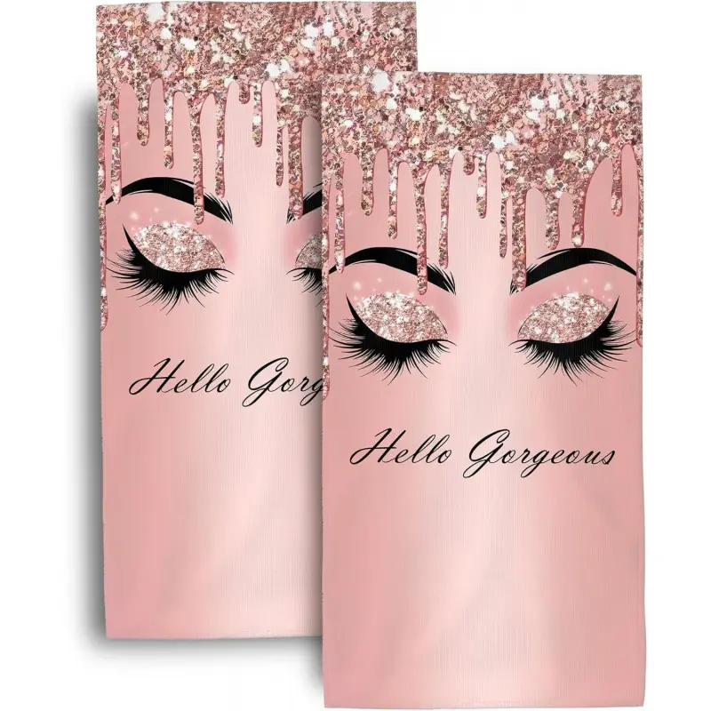"Hello Gorgeous" Eyelash-Print Decorative Towel (Set of 2, Rose Pink) - Suitable for Bathroom, Yoga, Swimming, Hotel, Spa, and Home Decor; Also an Ideal Gift (Size: 16 x 24 inches)