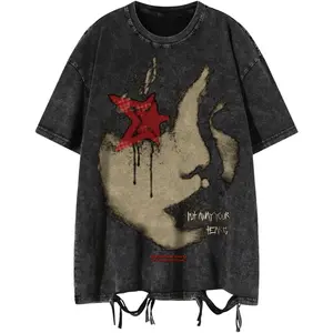 VIPWOLF Men's Grunge Graphic Oversized Tee Shirts Y2K Vintage Short Sleeve Acid Wash Distressed T Shirt Top