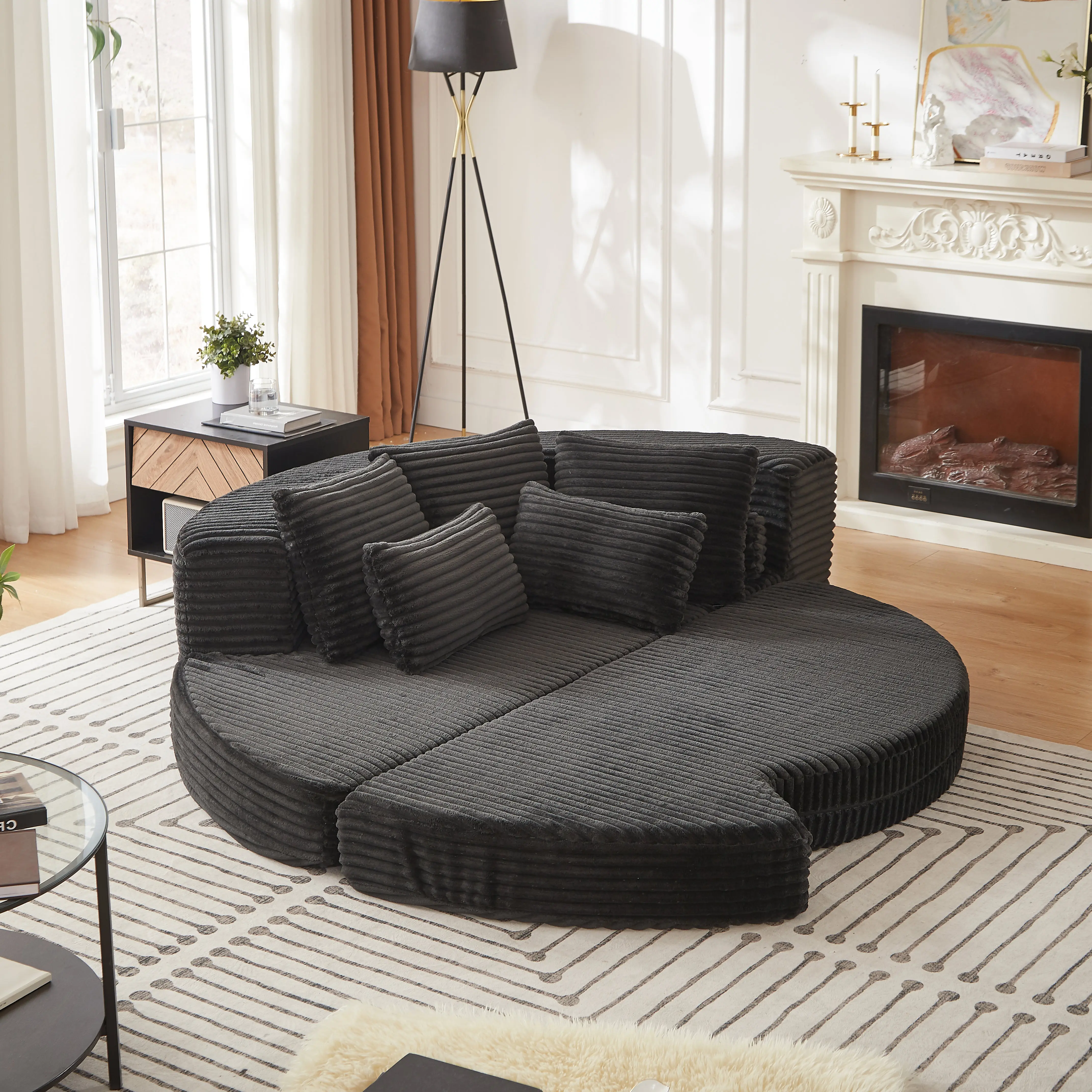 ARCH 78.5 Inch Corduroy Semi-Circular 2-in-1 Sofa Bed Recliner with Neck Pillow and 5 Throw Pillows, No Assembly Required Modular Lounger for Living Room, Black Foam Filled Single Seat, Black Color Options, Corduroy Material, 1 Seat Seat Count