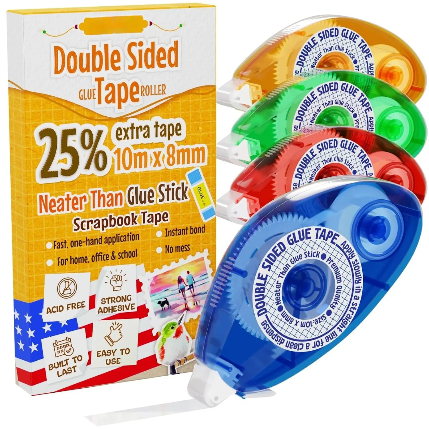 4 Pack Double Sided Tape Roller, Glue Tape Roller for Scrapbooking, Arts & Crafts, School Office Journaling Supplies, Double-Sided Adhesive Tape Runner for Scrapbook Supplies