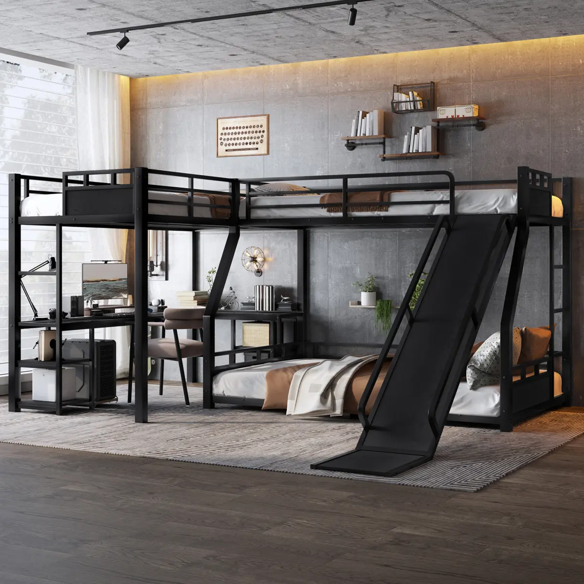 L-Shaped Metal Bunk Bed (Top bed: twin, bottom bed: full ) with Single Loft Bed, Desk, and Storage Shelves, USB Charging Port Included - Metal Triple Bunk Bed with Slide,Black
