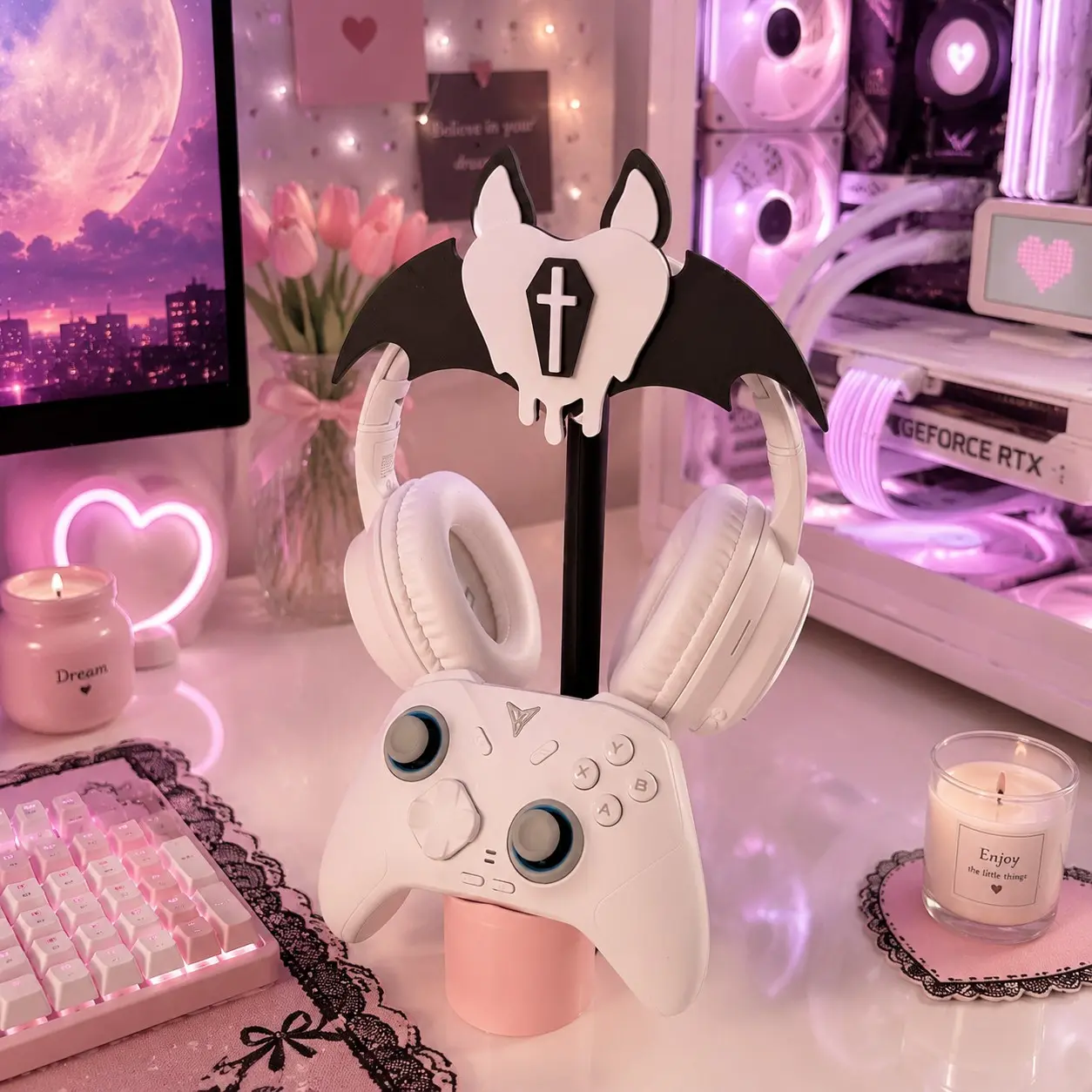 Pastel Goth Y2K Bat Wing Dripping Cross Heart Headphone Stand 2-in-1 Game Controller Holder with Cute Pink Base - 3D Printed Alt Aesthetic Gaming Desk Decor, PC Setup Accessory & E-girl Gamer Girl Gift