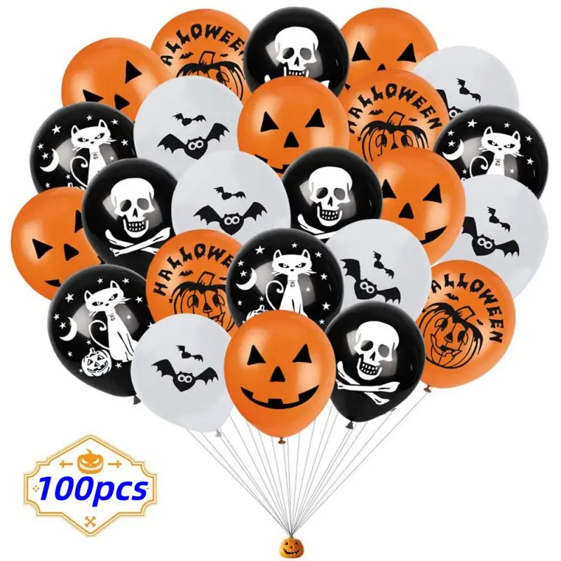100pcs Halloween Balloons, Witch Skull Pumpkin Latex Decorations, Ghost Festival Balloons, Home Party Mall Decorations