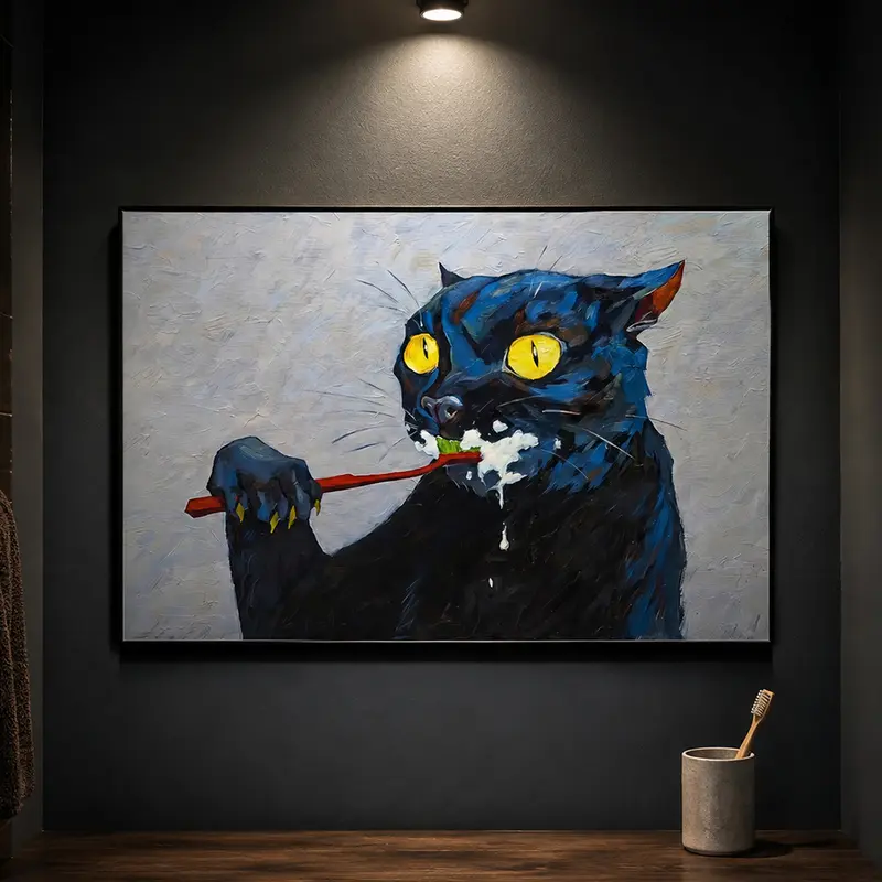 Quirky Black Cat Toothbrush Canvas Print, Impasto Oil Painting Style Wall Art, Unframed Funny Decor Gift, Bathroom Decor, Whimsical Animal Poster, Cat Lover Gift, Eclectic Home Decor, Maximalist Wall Art