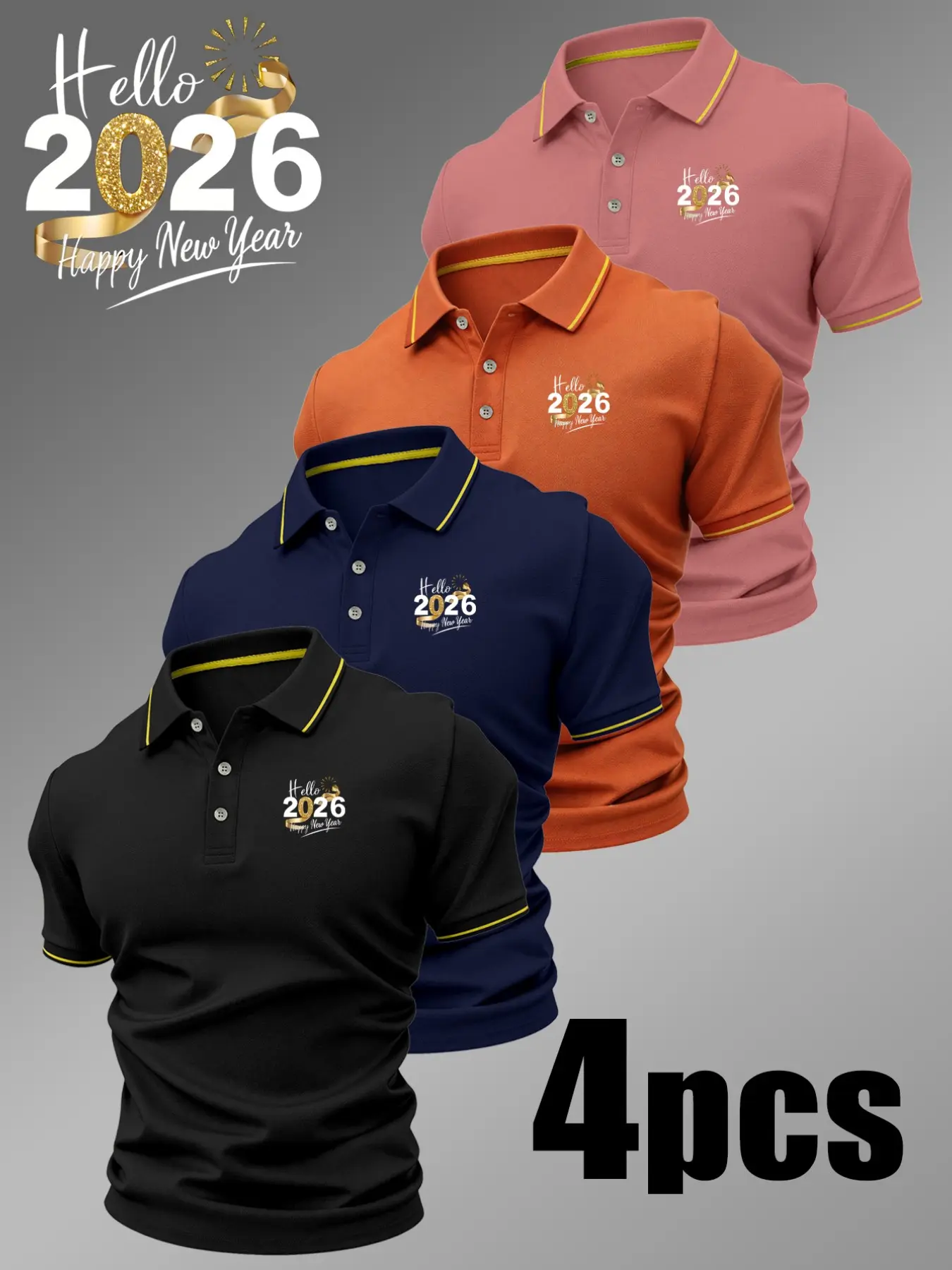 Men's Casual Fitted Polo Shirt, Geometric Print, Breathable Stretch Fabric, Four-Piece Set, All Seasons Comfort