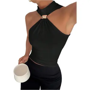 Women's Metal Halter Mock Neck Ruched Tank Top Sleeveless Slim Fit Going Out Tops