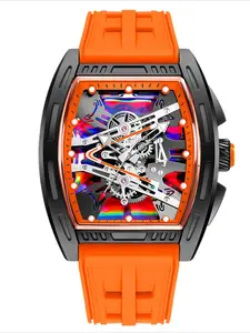 Stylish Tonneau-shaped Skeleton Dial Design Silicone Strap Men's Sporty Casual Quartz Watch