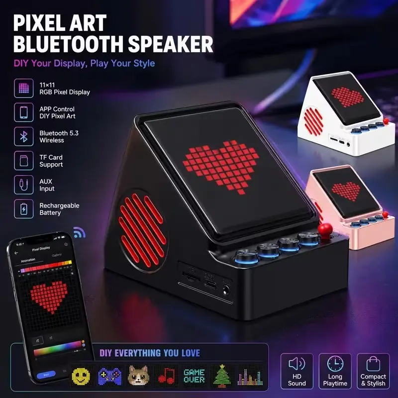 DIY Pixel Art Bluetooth-compatible Speaker, Portable Wireless Speaker with LED Display, Custom Animations, Smart Alarm, Retro Desk Decor Gift