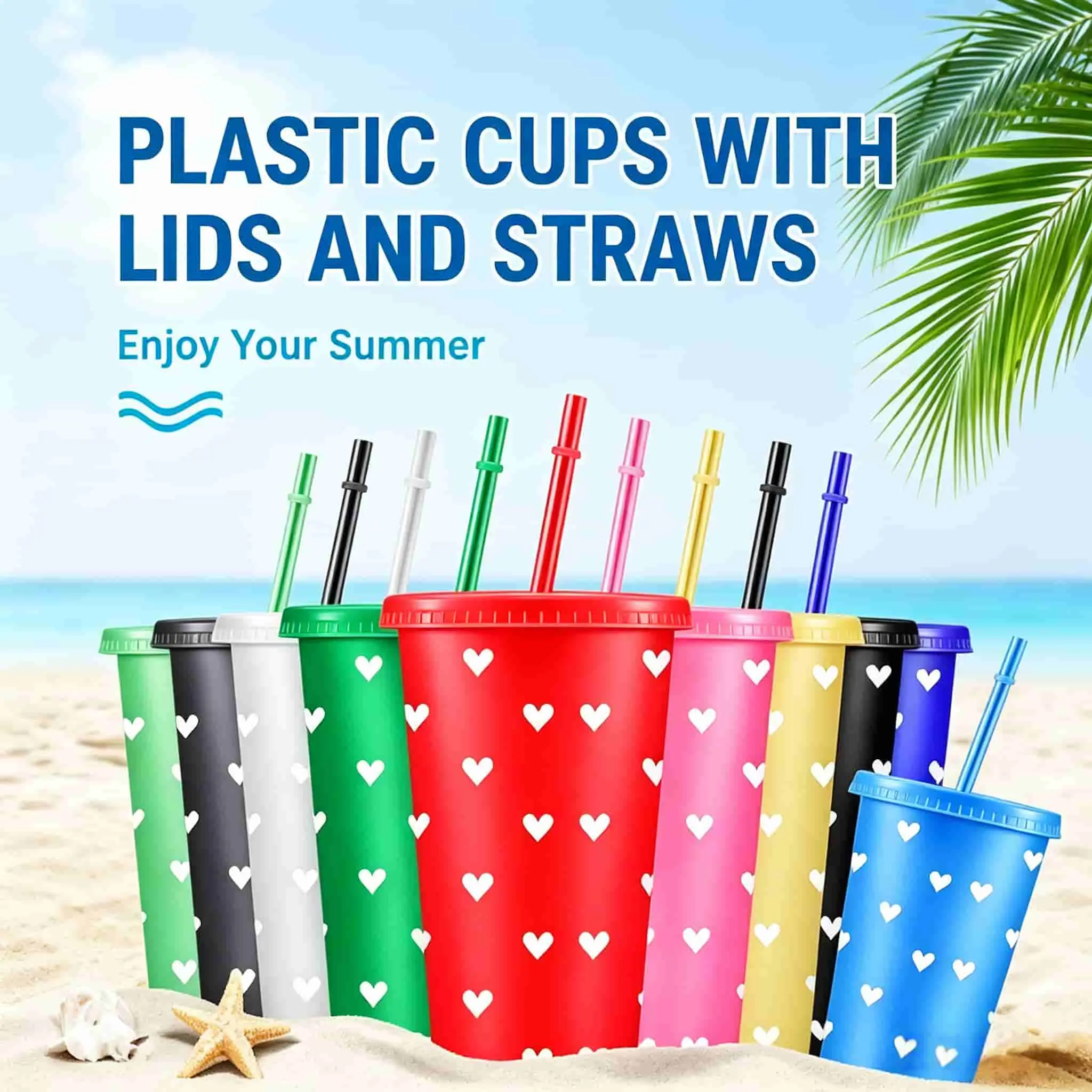 10pcs/24oz/710ml/Plastic Tumblers With Lid And Straw,Iced Coffee Cup,Festival Party Supplies,Delicate Pink Heart Patterned Home Decor Vase, Perfect Romantic Gift For Valentine's Day And Anniversaries.