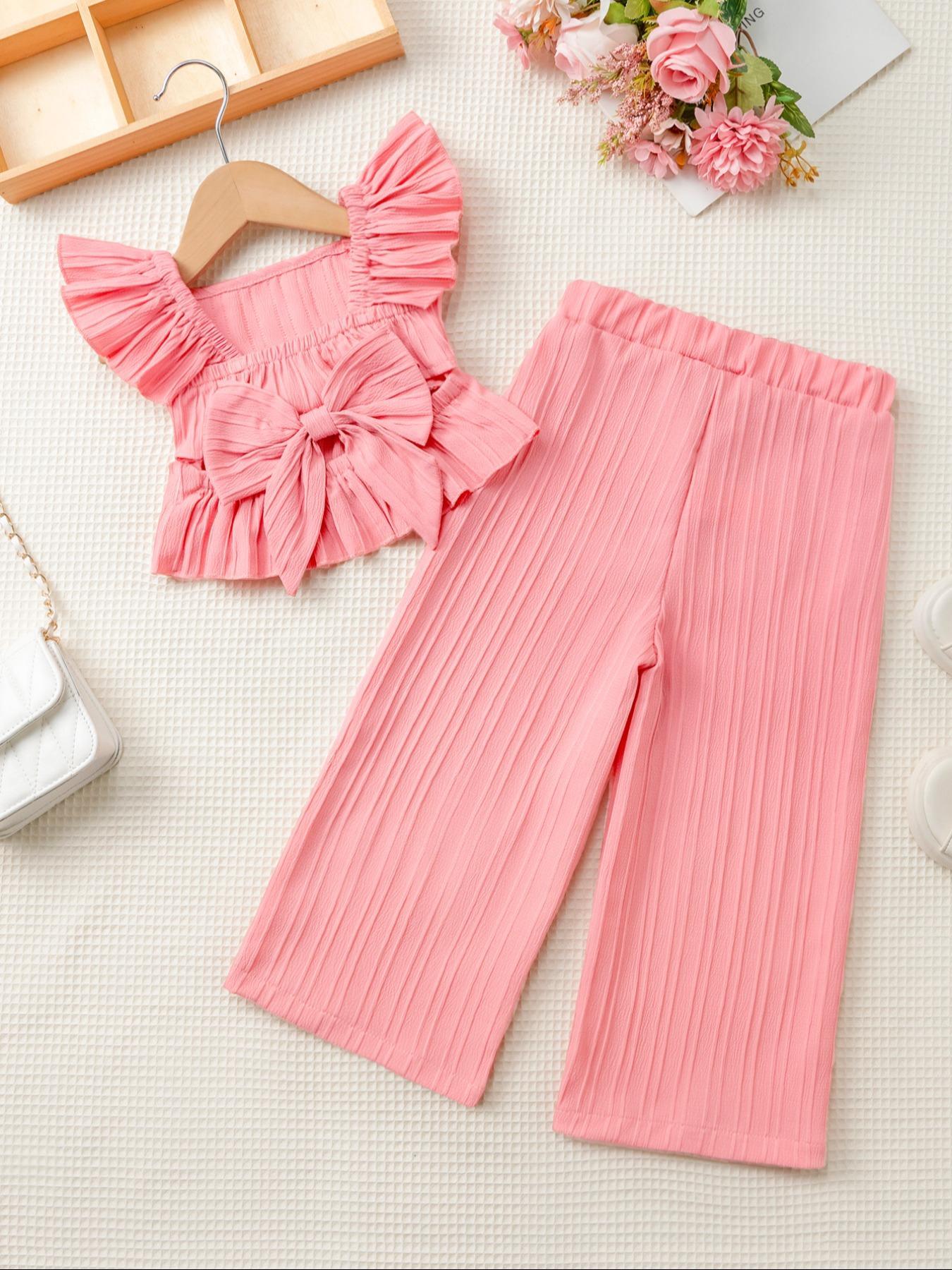 Two-Piece Set Toddler Girl's Solid Ruffle Trim Top & Wide Leg Pants Set, Casual Elegant Square Neck Top & Trousers for Daily Outdoor Wear, Kids Clothes for Summer, Fashion Style Sets