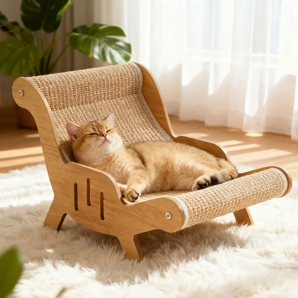 Adjustable Wooden Cat Hammock Bed with Sisal Scratching Pad, Elevated Recliner Lounge Chair Furniture, Indoor Cat Beach Chair for Sleeping & Playing