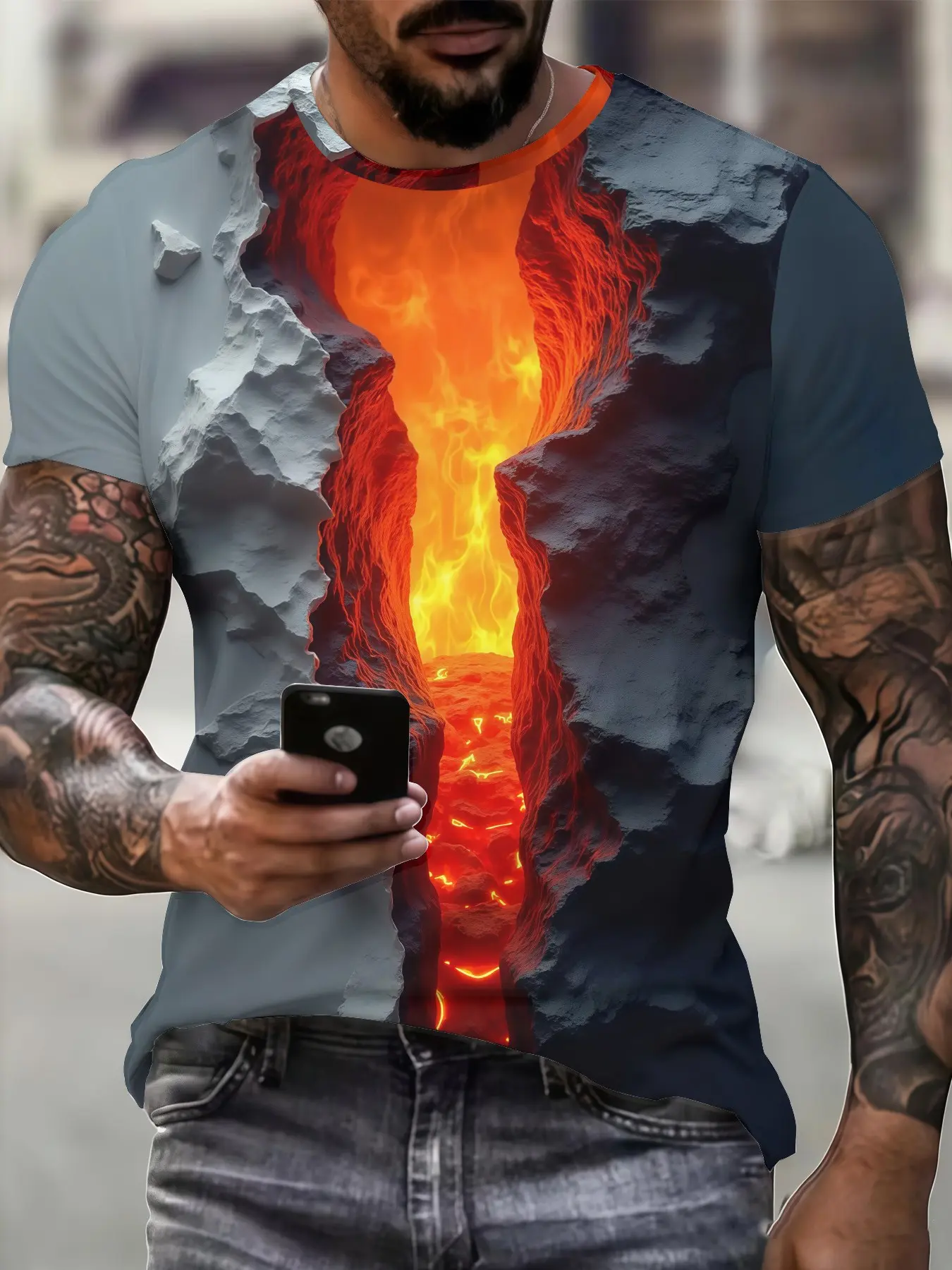 Nordic Mythology Style 3D Print Short Sleeve T-Shirt, Men's Fashion Casual Top, Flame Viking Warrior Pattern, Trendy Male Clothing