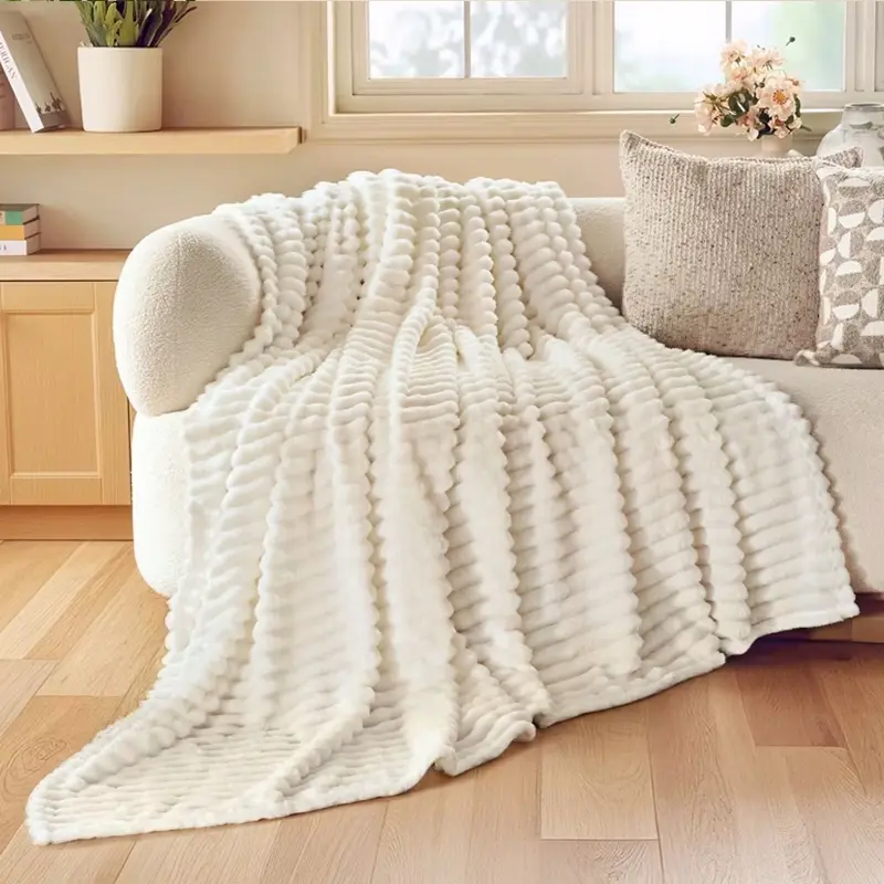 Vertical Ribbed Textured Plush Throw Blanket, Soft & Plush Air Conditioning Cover, All Season Decor for Sofa, Bedroom, Office, Blanket for Couch