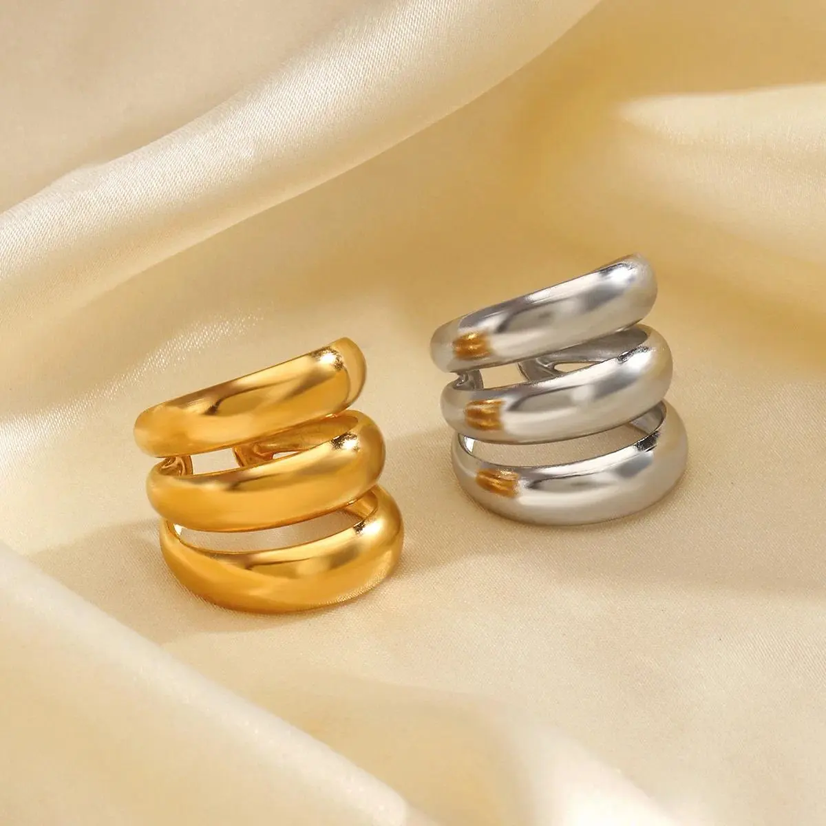 Three Layered Chunky Ring Stainless Steel Gold Color Women Trendy Geometric Open Rings Hip Hop Party Jewelry Gift Wholesale
