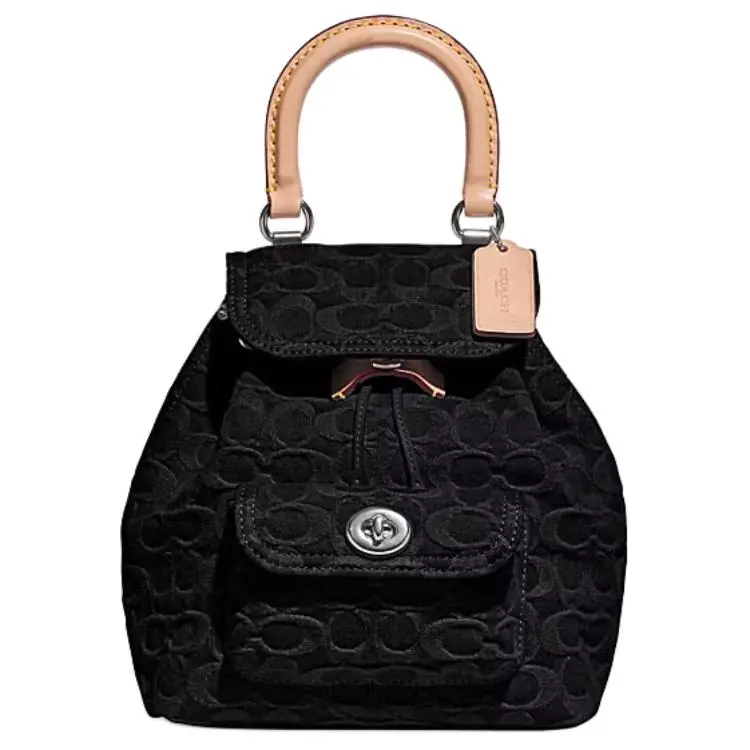COACH Riya 23 Monogram Lock-Clasp Classic Tan Canvas Backpack, Medium, Women’s, Black