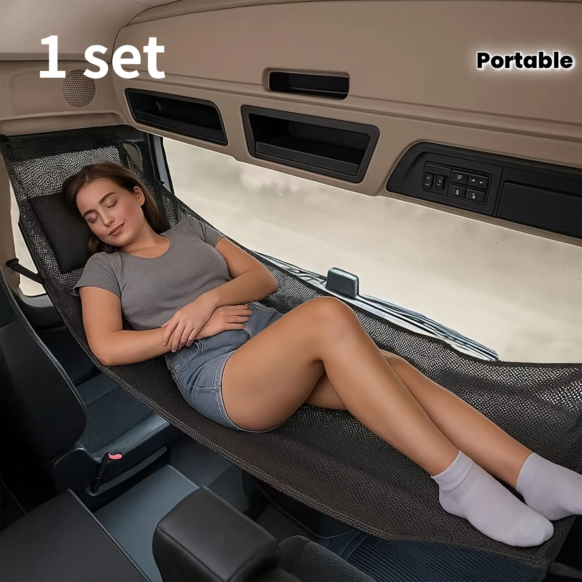 Vehicle-Mounted Hammock: No Installation Required. Easy to Carry and Set Up. Compatible with Multiple Truck Models. High Load Capacity. Designed for Semi-Truck Day Cabs. Portable Truck Sleeping Platform. Breathable Material.